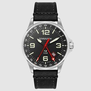 New Torgoen TN-1084 T9 Redwing GMT 42mm Black Leather Strap Watch